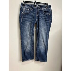 Miss Me Signature Cuffed Capri Jeans Blue Denim‎ White Stitch Fleur Women's